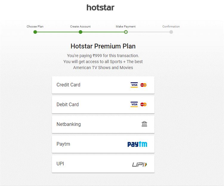 Hotstar payment methods