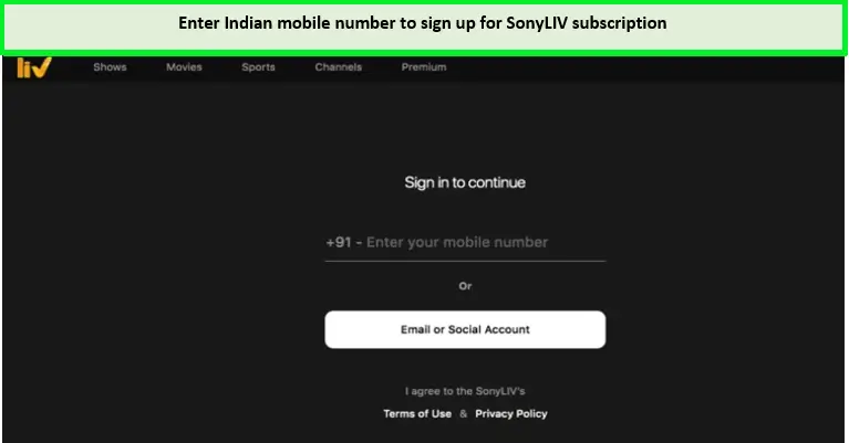 Enter your phone number on sonyliv